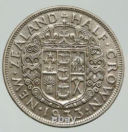 1933 NEW ZEALAND UK King George V Antique OLD Silver 1/2 Half Crown Coin i92005