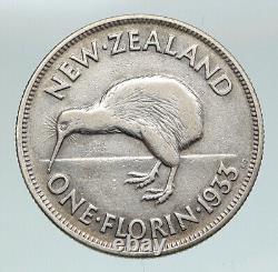 1933 NEW ZEALAND under UK King George V Silver Florin Coin w KIWI BIRD i91158