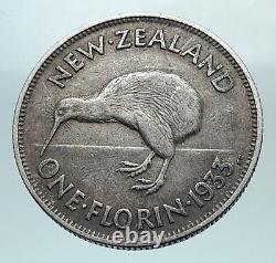 1933 NEW ZEALAND under UK King George V w KIWI BIRD Silver Florin Coin i81210