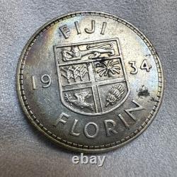 1934 Fiji Florin Coin Silver Iridescent Rainbow Oil Rim Toned UNC Rare