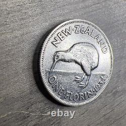 1934 NEW ZEALAND UK King George V KIWI BIRD Silver Florin Coin LOW MINT