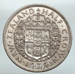 1934 NEW ZEALAND under UK King George V OLD Silver 1/2 Crown Coin Shield i91661