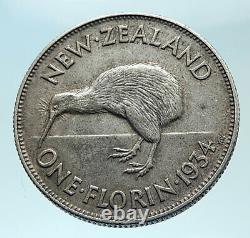 1934 NEW ZEALAND under UK King George V w KIWI BIRD Silver Florin Coin i78817