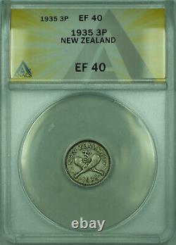 1935 3P New Zealand ANACS EF 40 3 Pence Silver Coin KM#1