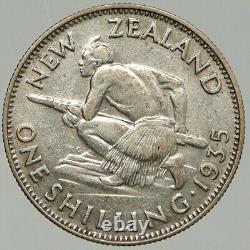 1935 NEW ZEALAND Silver One Shilling Coin GEORGE V Native Maori Warrior i92426