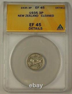 1935 New Zealand 3 Pence 50% Silver Coin 3p ANACS EF-45 Details Cleaned