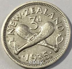 1935 New Zealand 3 Pence Silver Coin KM-1 KEY DATE
