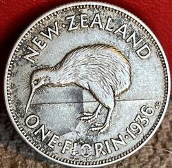 1936 New Zealand One Florin Silver Coin Rare Uncertified H17