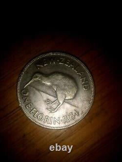 1937 New Zealand One Florin. 500 Silver Coin