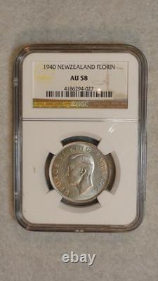 1940 NEW ZEALAND NGC AU58 FLORIN SILVER ABOUT UNCIRCULATED Coin BUY IT NOW