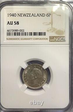 1940 New Zealand 6 Pence Silver Coin Ngc Au58