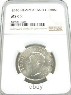 1940 New Zealand Florin Kiwi Silver Coin NGC MS 65 Top Pop Key Date C412