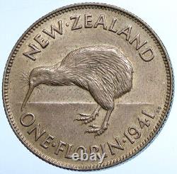 1941 NEW ZEALAND under UK King George VI Silver Florin Coin w KIWI BIRD i108541