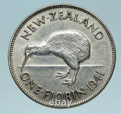 1941 NEW ZEALAND under UK King George VI Silver Florin Coin w KIWI BIRD i83289