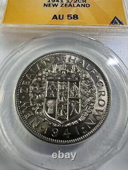 1941 New Zealand 1/2 Crown Silver Coin Graded AU 58 by ANACS Low Mintage