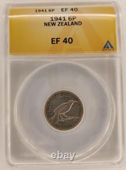 1941 New Zealand 6 Pence Coin ANACS EF40 Rare Key Date Silver Coin 2B