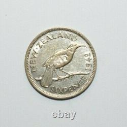 1942, 6 Pence New Zealand Silver Low Mint Only 360k Minted Very High Value Coin