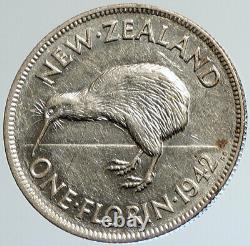 1942 NEW ZEALAND under UK King George VI Silver Florin Coin w KIWI BIRD i108039