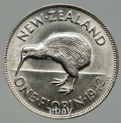 1942 NEW ZEALAND under UK King George VI Silver Florin Coin w KIWI BIRD i92391