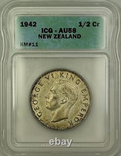 1942 New Zealand 1/2 Crown Silver Coin ICG AU-58