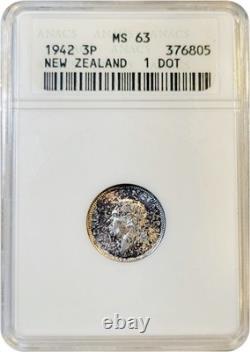 1942 New Zealand 1 Dot Variety 3 Pence ANACS Soapbox Slab MS63 NZ 3p Silver Coin