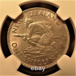 1942 New Zealand 1 Shilling Silver Broken Back Error NGC AU-58 About Unc 1S