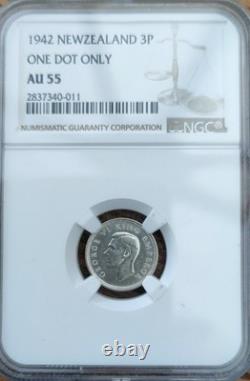 1942 New Zealand 3p One Dot Silver Coin Extremely rare NGC AU 55 Graded