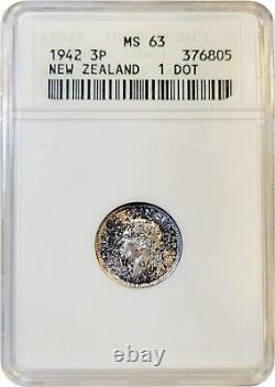1942 New Zealand Silver 3 Three Pence ANACS MS63 with RARE 1 Dot Variety
