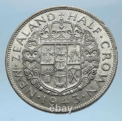 1943 NEW ZEALAND under UK King George VI Silver 1/2 Crown Coin Shield i68596