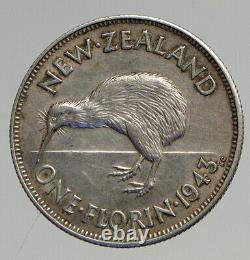 1943 NEW ZEALAND under UK King George VI Silver Florin Coin w KIWI BIRD i94600