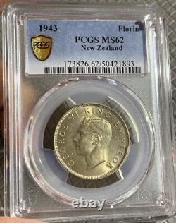 1943 New Zealand Florin Silver Coin Pcgs Ms62