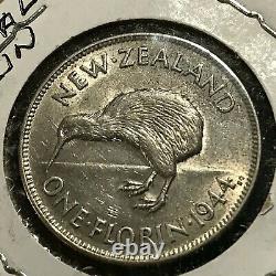 1944 New Zealand Silver One Florin Near Uncirculated Key Date