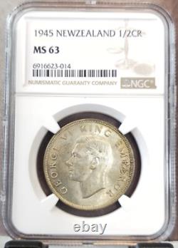 1945 New Zealand Silver 1/2 Crown Coat Of Arms Ngc Ms 63 Rare Mint State