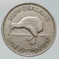 1947 NEW ZEALAND under UK King George VI Silver Florin Coin w KIWI BIRD i92080