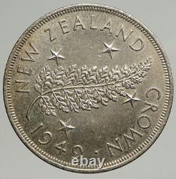 1949 NEW ZEALAND King George VI FERN PLANT UK Vintage Silver Crown Coin i93748