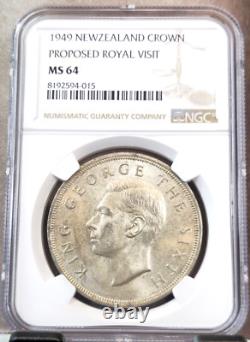 1949 New Zealand Silver 1 Crown Fern Leaf George VI Ngc Ms 64 Scarce Bu Coin