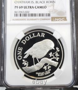 19788 New Zealand Silver 1 Dollar Black Robin Ngc Pf 69 Ultra Cameo Rare Top Pop