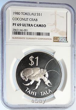 1980 TOKELAU ISLANDS Genuine COCONUT CRAB Old Proof Silver $1 Coin NGC i105767