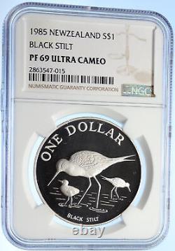 1985 NEW ZEALAND Queen Elizabeth II BLACK STILT Proof Silver $1 Coin NGC i106290