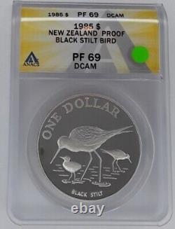 1985 New Zealand, Anacs Pf69 Dcam, Silver $1, Black Stilt Bird. Beautiful