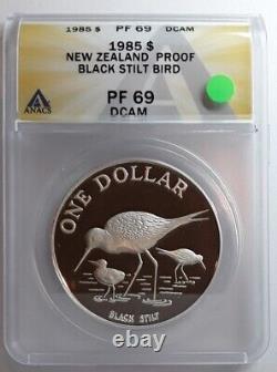 1985 New Zealand, Anacs Pf69 Dcam, Silver $1, Black Stilt Bird. Beautiful