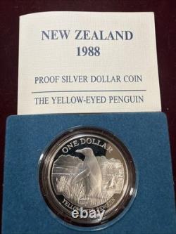 1988 NEW ZEALAND PROOF Silver $ Coin the YELLOW-EYED PENGUIN