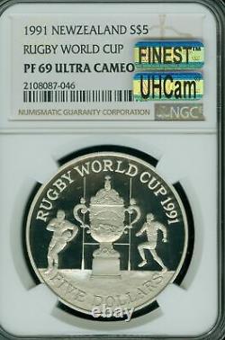 1991 New Zealand $5 Silver Rugby Ngc Pf69 Mac Uhcam Mac Finest &spotless