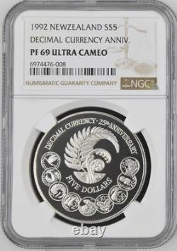 1992 New Zealand S$5 Dollars Silver Coin Decimal Currency Anniv NGC PF 69 UC