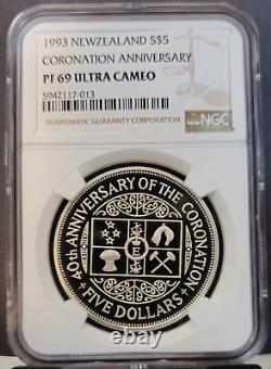 1993 New Zealand Silver 5 Dollars Coronation Anniversary Ngc Pf 69 Ultra Cameo