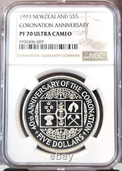 1993 New Zealand Silver 5 Dollars Coronation Anniversary Ngc Pf 70 Ultra Cameo