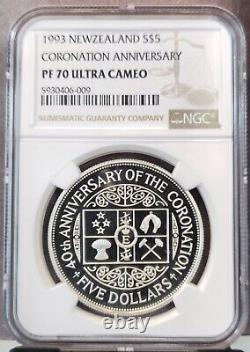 1993 New Zealand Silver 5 Dollars Coronation Anniversary Ngc Pf 70 Ultra Cameo