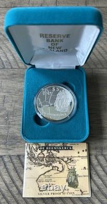 1996 New Zealand $5 Silver Proof Coin De Heemskerck Abel Tasman Box & COA Toned