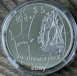 1996 New Zealand $5 Silver Proof Coin De Heemskerck Abel Tasman Box & COA Toned