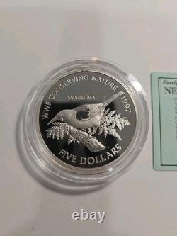 1997 New Zealand $5 Silver WWF Conserving Nature. 925 Proof Saddleback